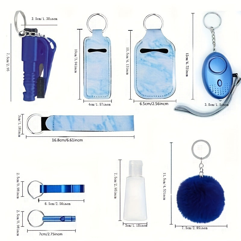Set of 9 Women's Safety Keychains with Hand Sanitizer Holder Alarm and Floating Charm