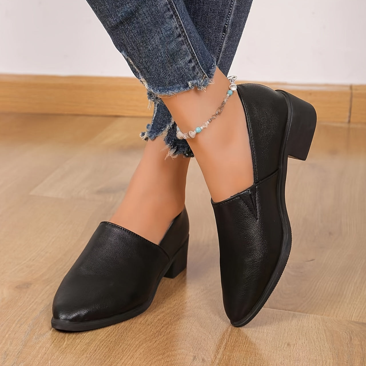 Women's Apricot Faux Leather Pointed Toe Loafers with Chunky Heel