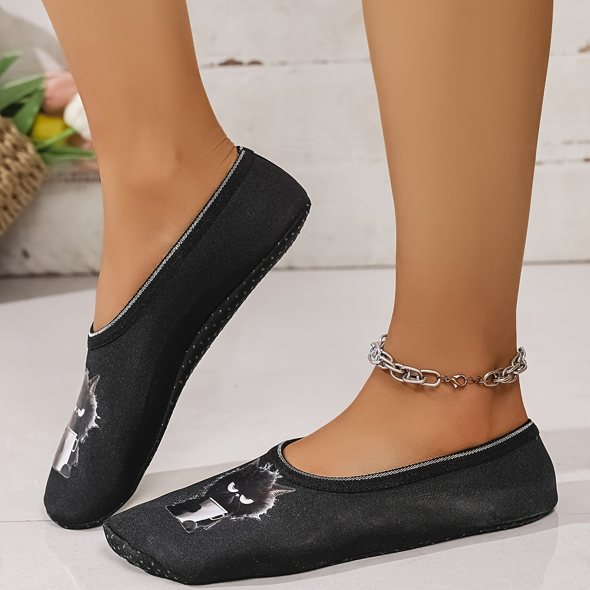 Women's Indoor Slippers Soft Fabric Cat Print Cozy House Footwear