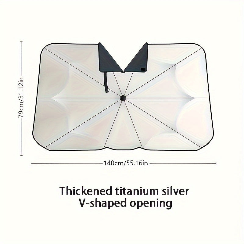 UV va issiqlikdan himoya qiluvchi reflektiv avtomobil quyosh soyasi, V dizaynli orqa ko'zgu, temirdan tayyorlangan, yopishqoq va lenta bilan. UPF 50+ quyoshdan himoya qiluvchi soyabon.