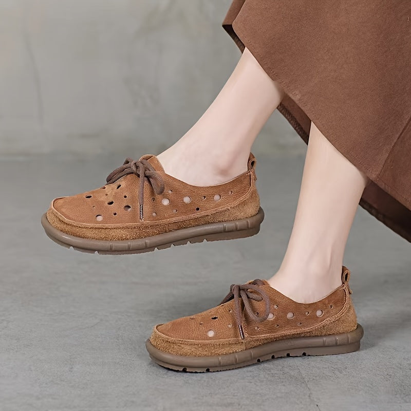 Women's Leather Loafers with Perforated Design and Rubber Sole Brown Summer Casual Shoes