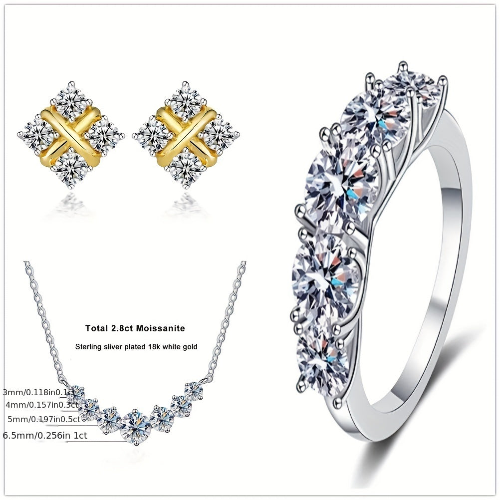 Sterling Silver 4-Piece Jewelry Set with Moissanite Necklace Earrings Ring Gift for Holidays