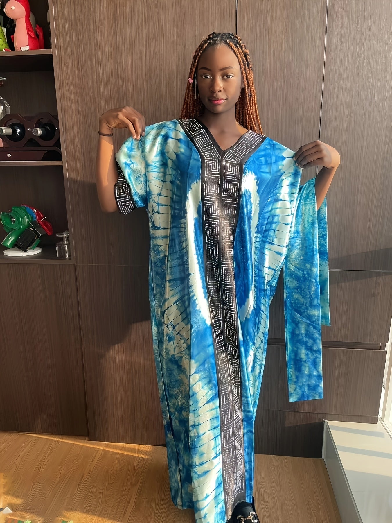 Women's Plus Size Turkish Kaftan Robe Long Dress with Rhinestones