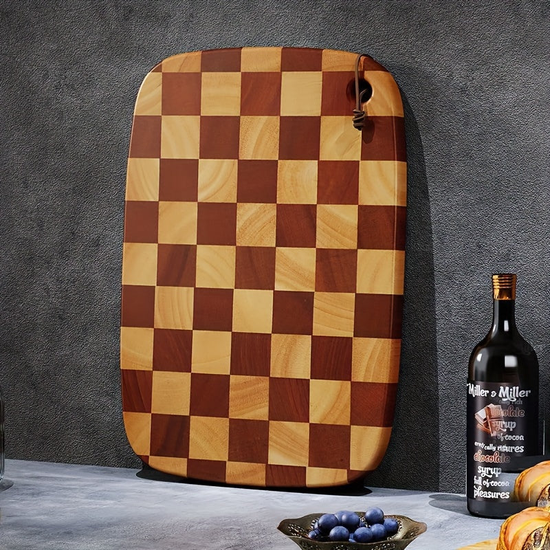 Checkered Pattern Rubber Wood Cutting Board Double-Sided Food Safe Chopping Block
