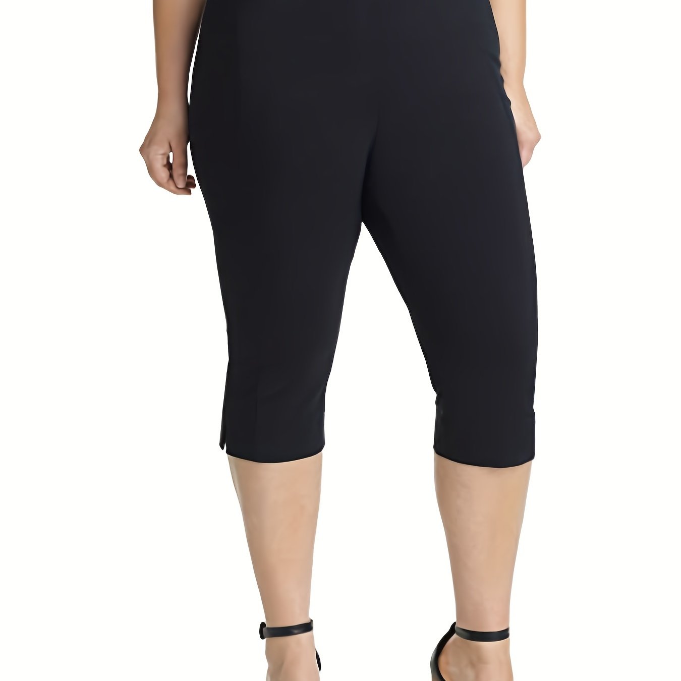 Women's Plus Size Solid Split Hem High Stretch Capri Pants with Pockets