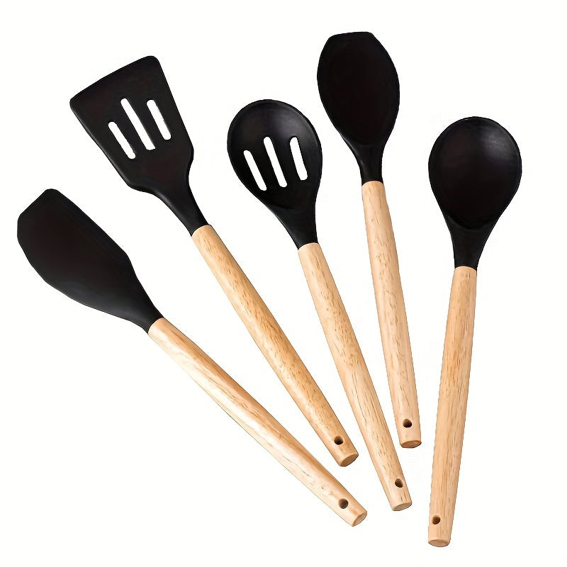 Set of 5 Non-Stick Kitchen Utensils with Wooden Handles for Frying and Cooking
