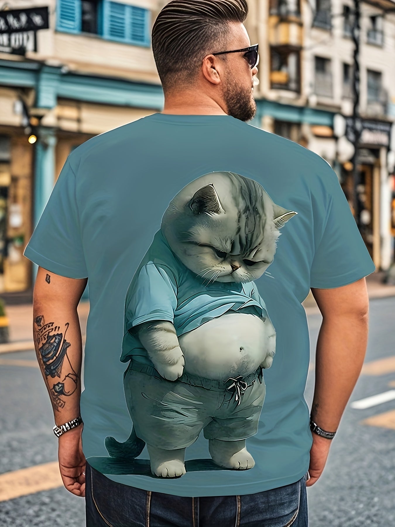 Men's Plus Size Blue Cat Print T-Shirt Polyester Spandex Casual Short Sleeve