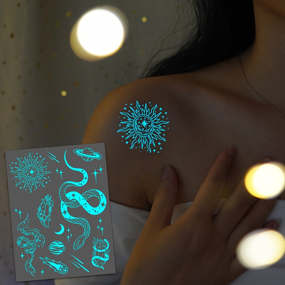 Blue Luminous Feather and Snake Tattoo Stickers for Women and Girls Glow in Dark Fake Body Art