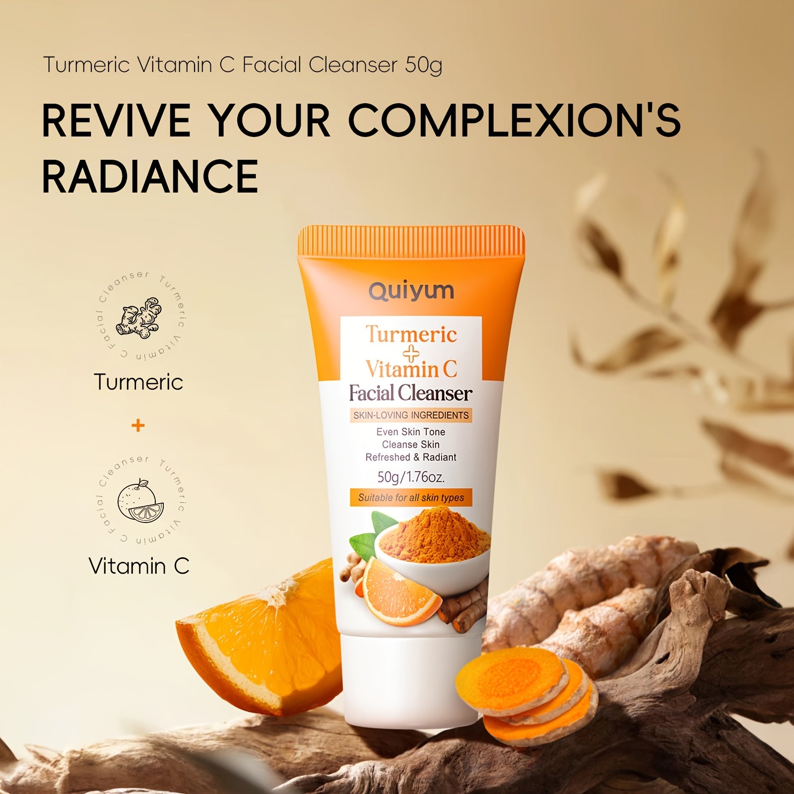 Quiyum Zerdeçal va Vitamin C Yuz Tozalovchi 1.76oz - Yumshoq tozalovchi, terini silliq va namlantirilgan holda saqlash uchun Gialuron kislotasi bilan. Barcha teri turlari uchun mos, Vitamin C bilan boyitilgan.