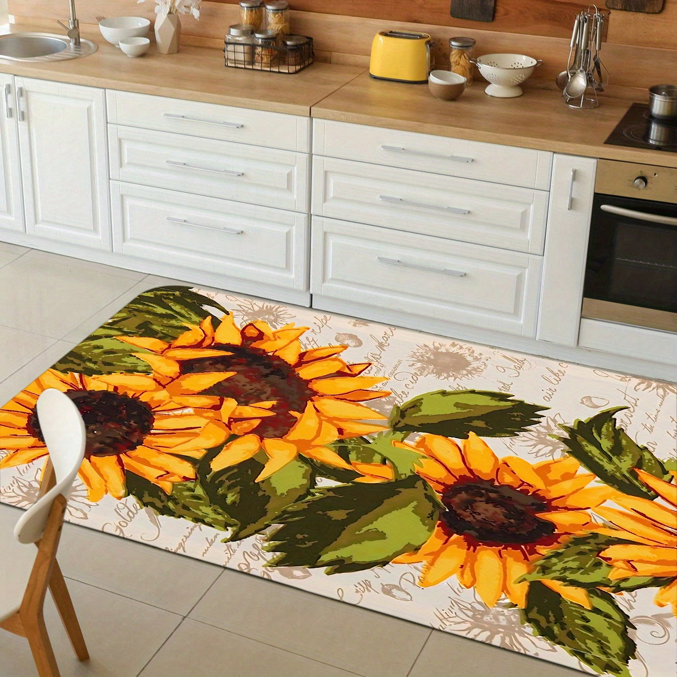 Sunflower Print Kitchen Floor Rug Water-Resistant Machine Washable Entrance Doormat