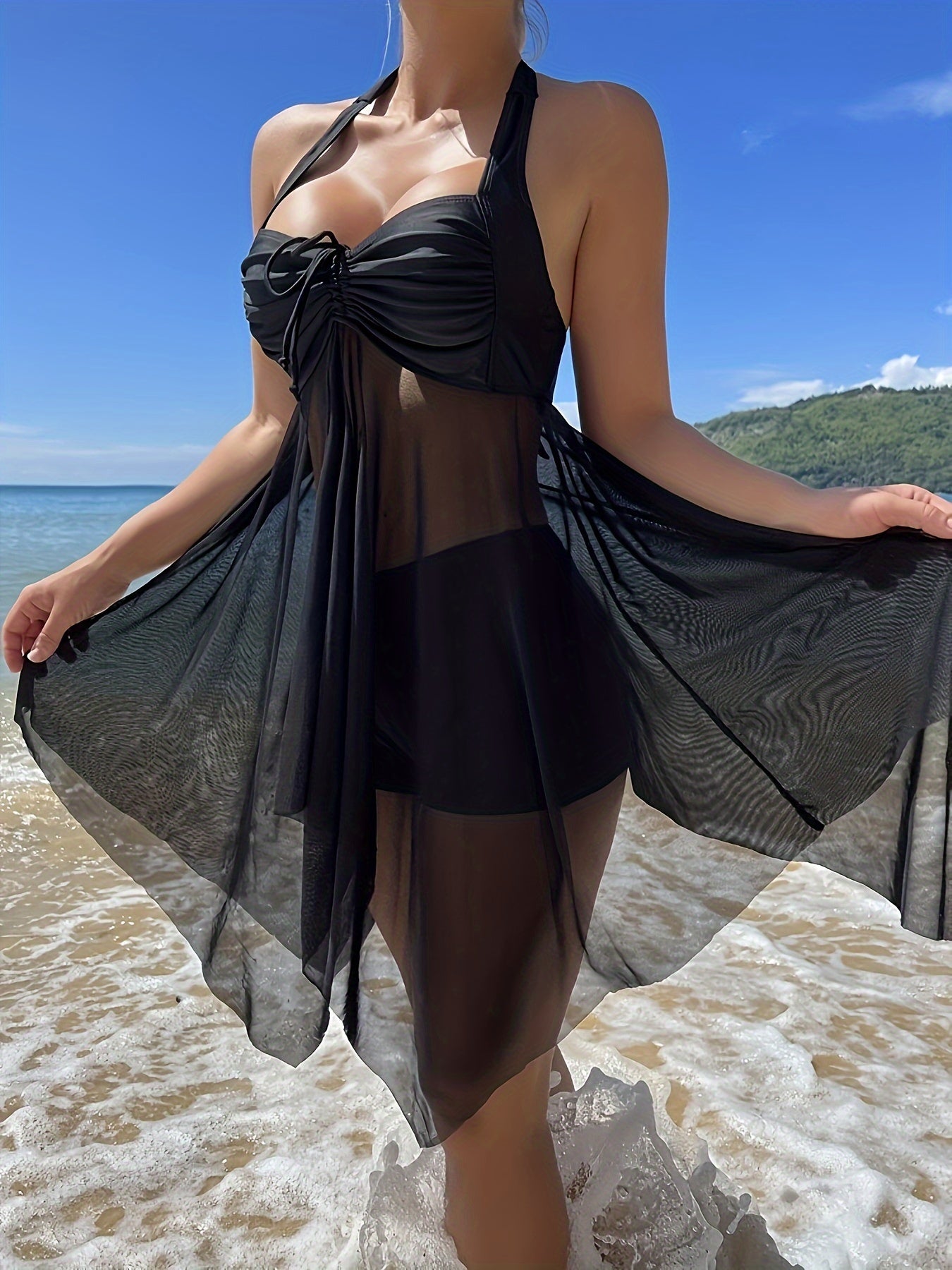 Women's Mesh Tankini Set with Halter Neck and Skirted Boxer Shorts Swimsuit