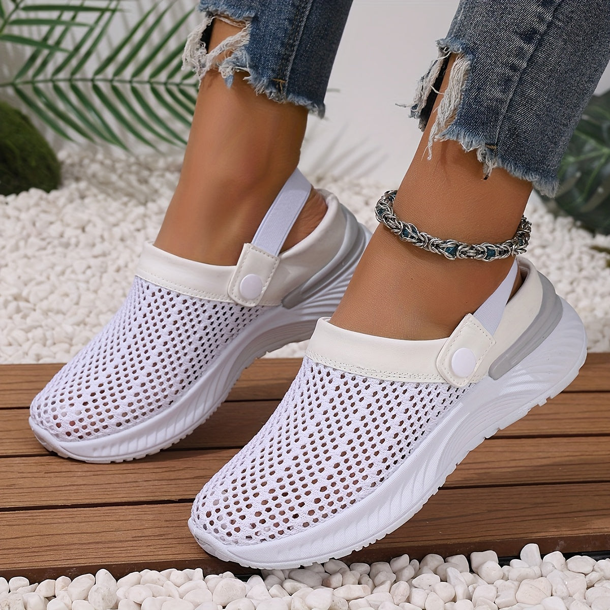 Women's White Breathable Mesh Slip-On Sneakers for Summer Beach Travel