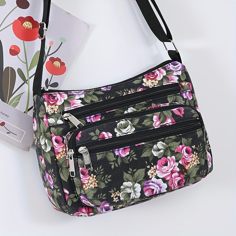Large Capacity Canvas Crossbody Bag for Middle-Aged and Elderly Women with Zipper Closure