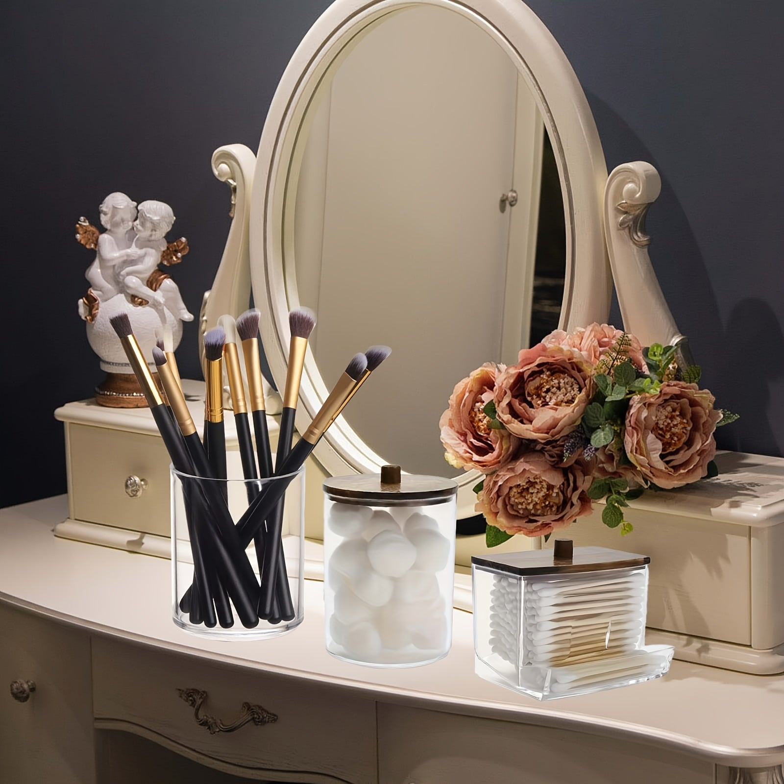 Bathroom Storage Container Set with Brown Wood Lids for 7oz or 10oz Swabs and Cotton Balls