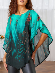 Plus Size Women's Mesh Panel Faux Two-Piece Top Black Turquoise Flame Print Short Sleeve Blouse
