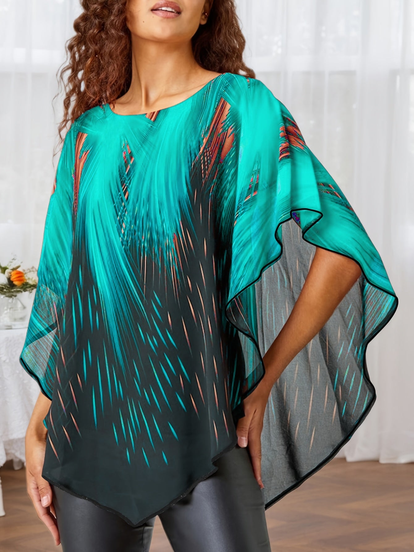 Plus Size Women's Mesh Panel Faux Two-Piece Top Black Turquoise Flame Print Short Sleeve Blouse