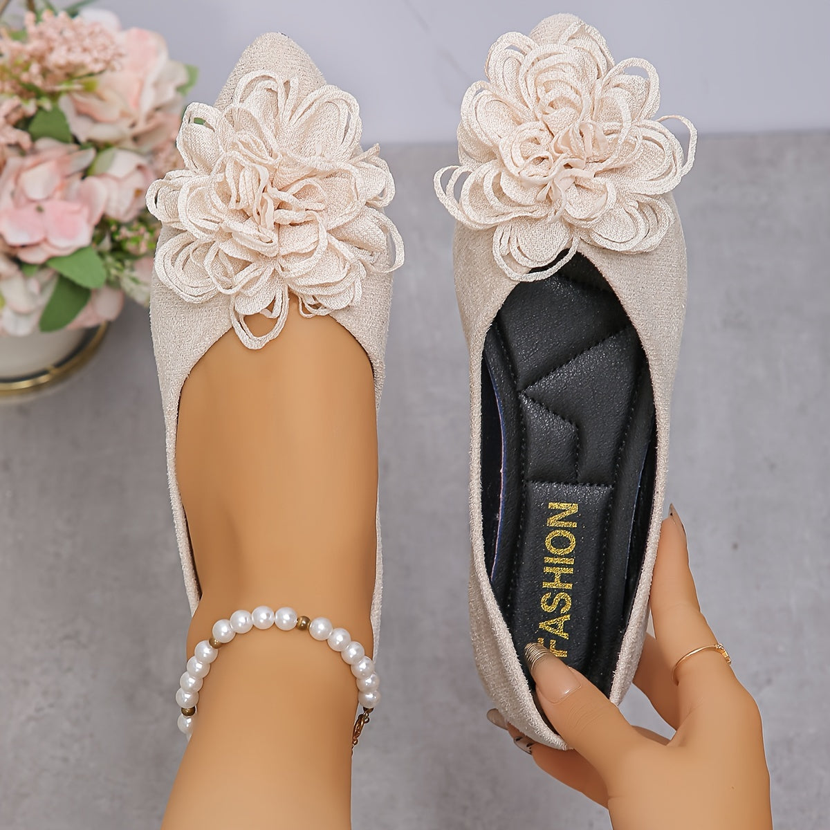 Women's Pink Flower Slip-On Flats Low Heel Summer Shoes