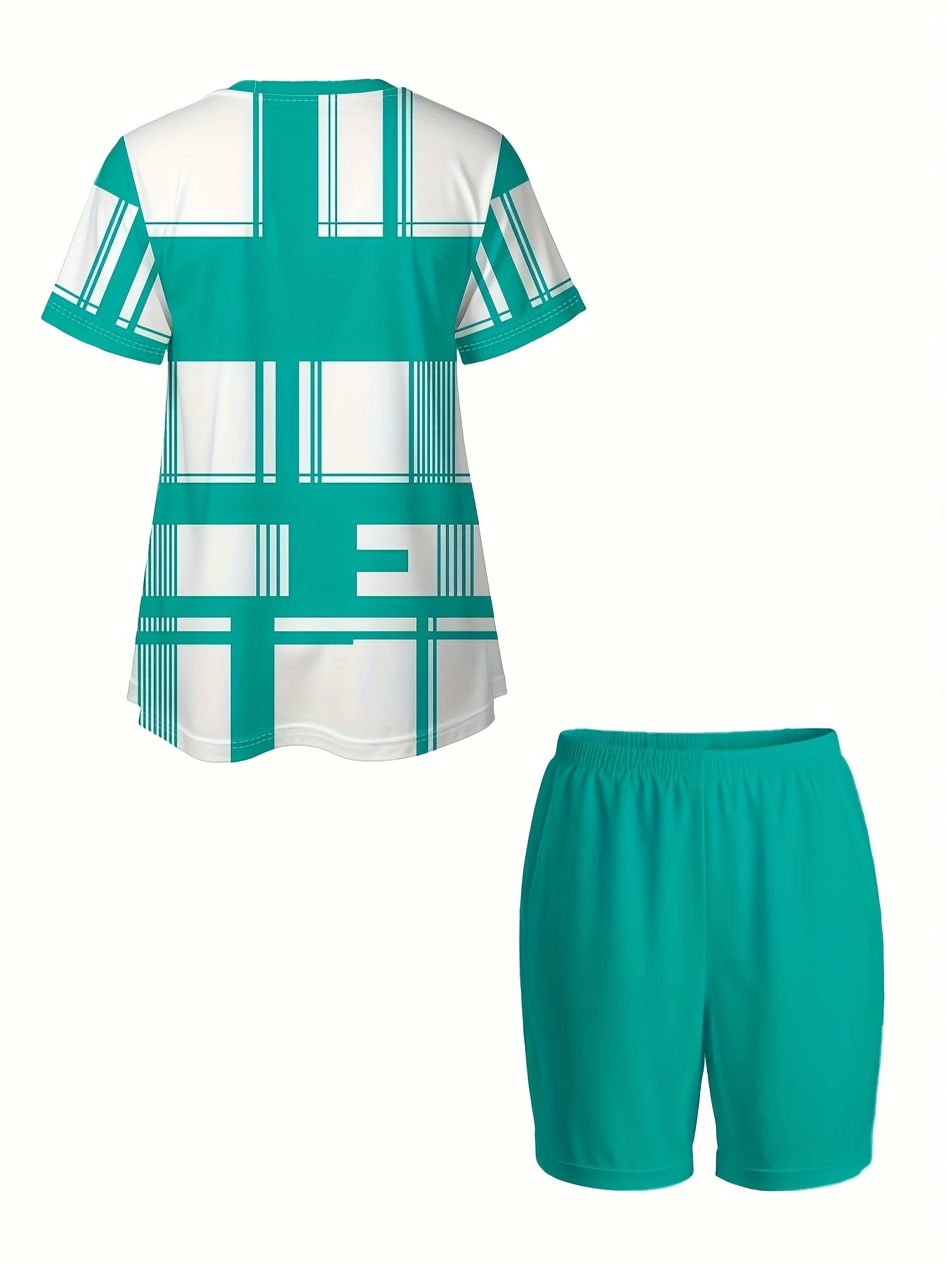 Plus Size Women’s 3D Printed Stripe Short Sleeve Top and Shorts Set Summer Casual