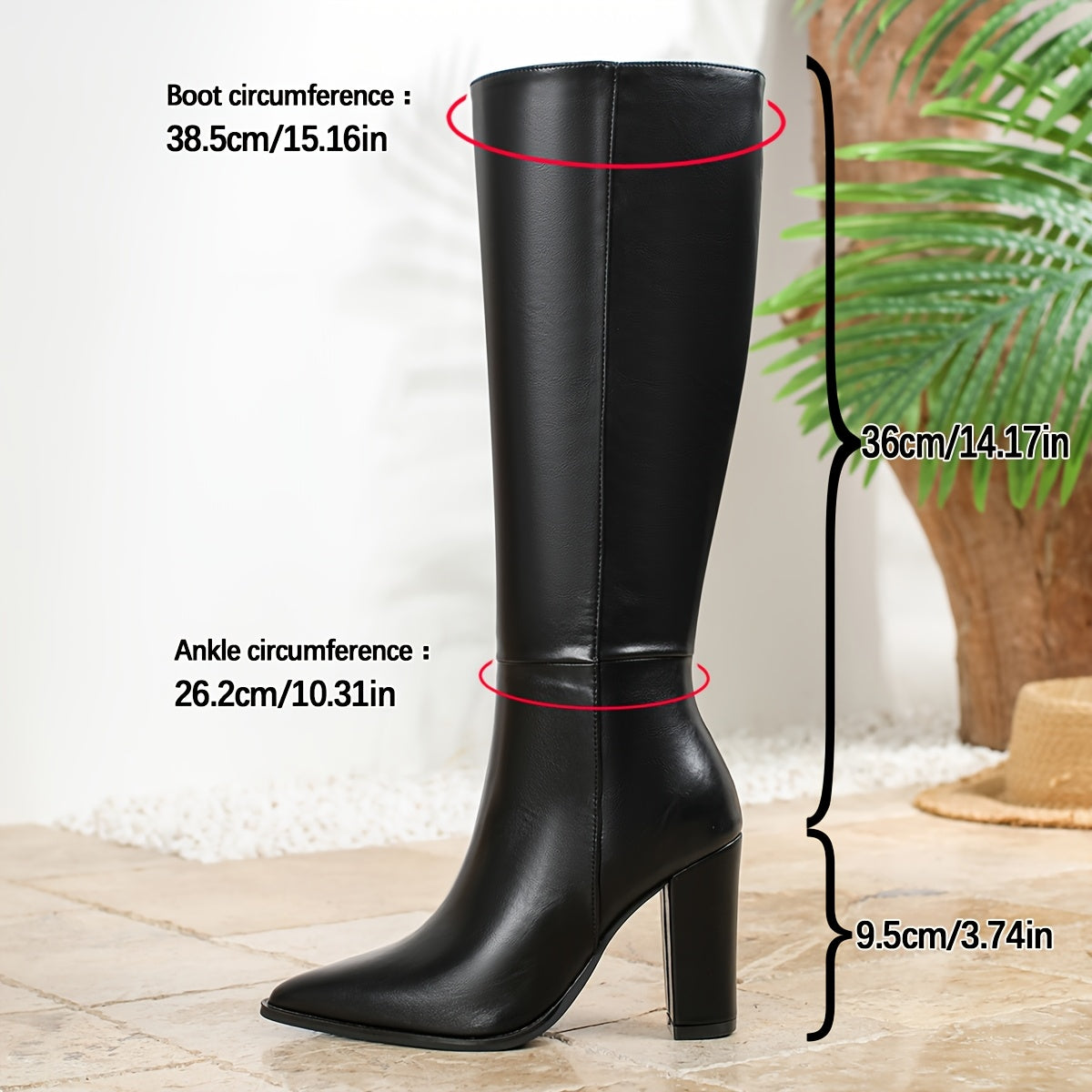 Ayollar uchun faux qoplamali qora tizzaga qadar bo'lgan blok poyafzal, zippersiz, yuqori qismli botinkalar