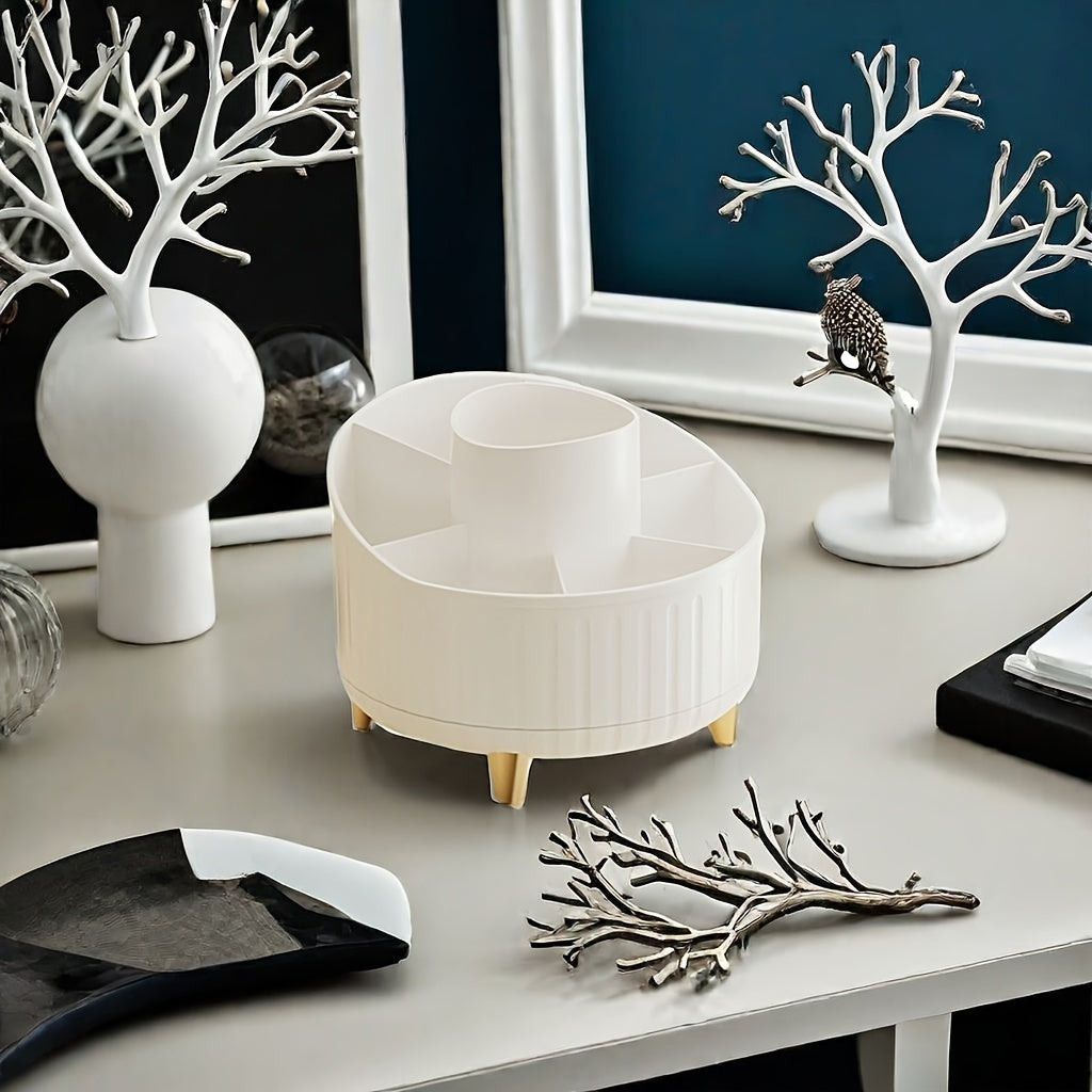 Pink and Gold Rotating Makeup Organizer with Multiple Compartments and Brush Holder