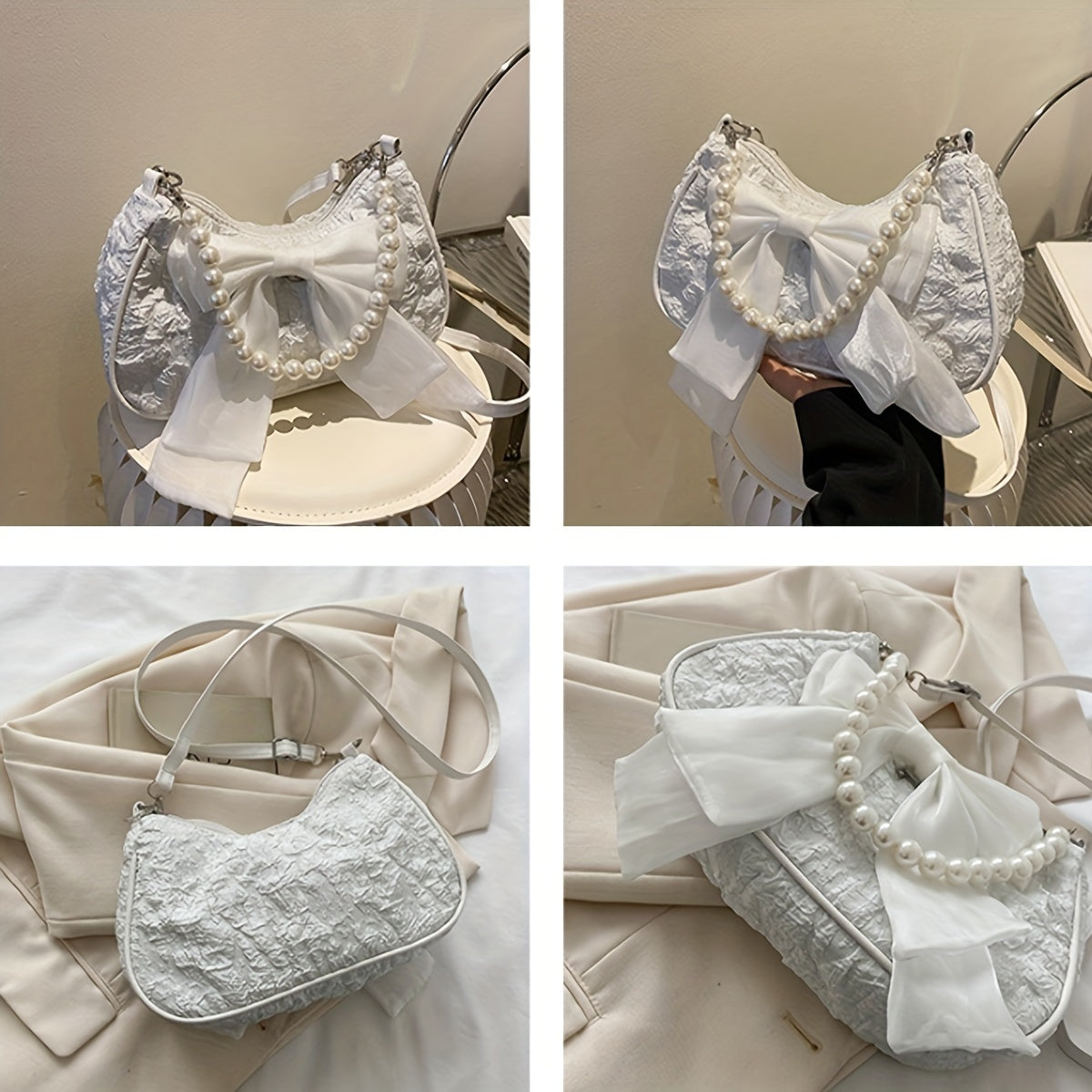 Белая плиссированная ретро-сумка с бантом и перламутровой ручкой, новая модная перламутровая сумка через плечо.