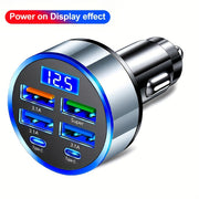 Car Mobile Phone Charger Silvery Fast Charging 4USB 2PD Digital Display