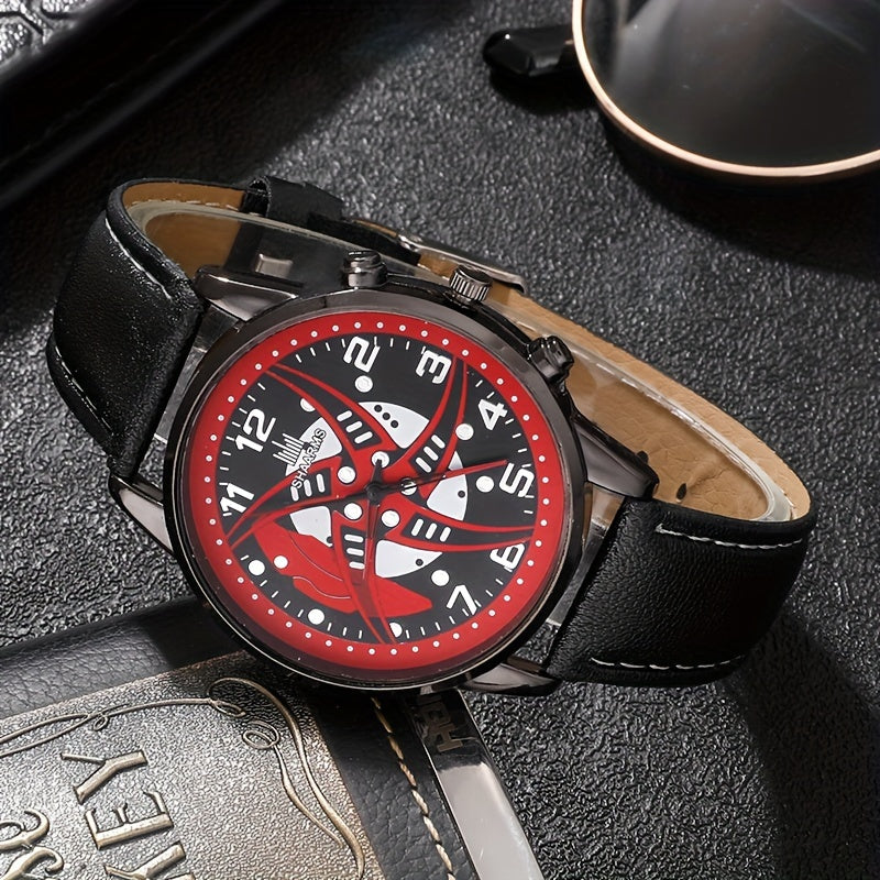Men's Red Black Quartz Leather Watch and Bead Bracelet Set Gift for Him