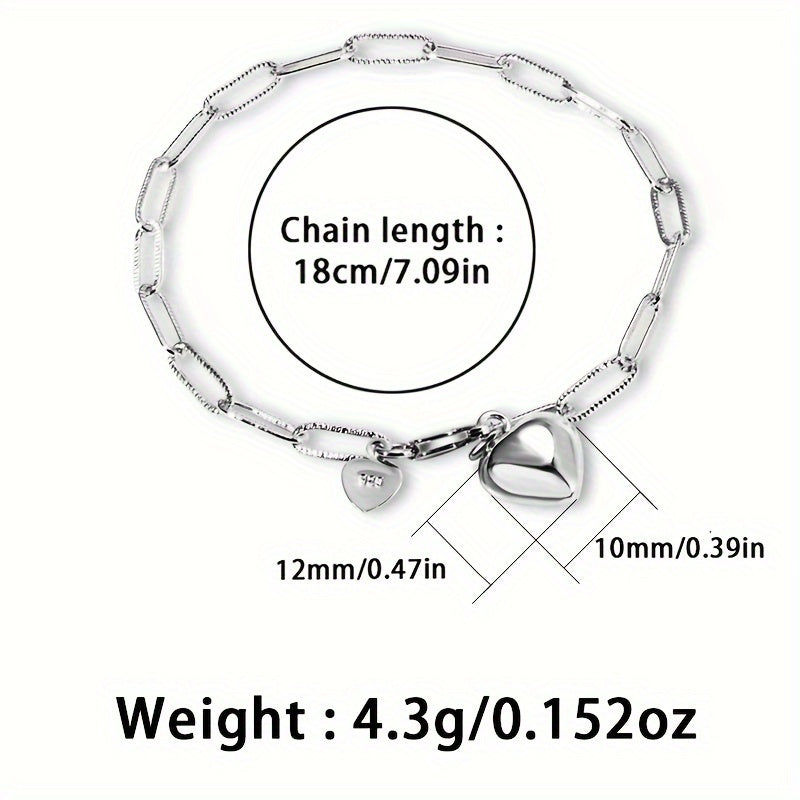 Silver Heart Pendant Rectangular Safety Pin Chain Bracelet for Women