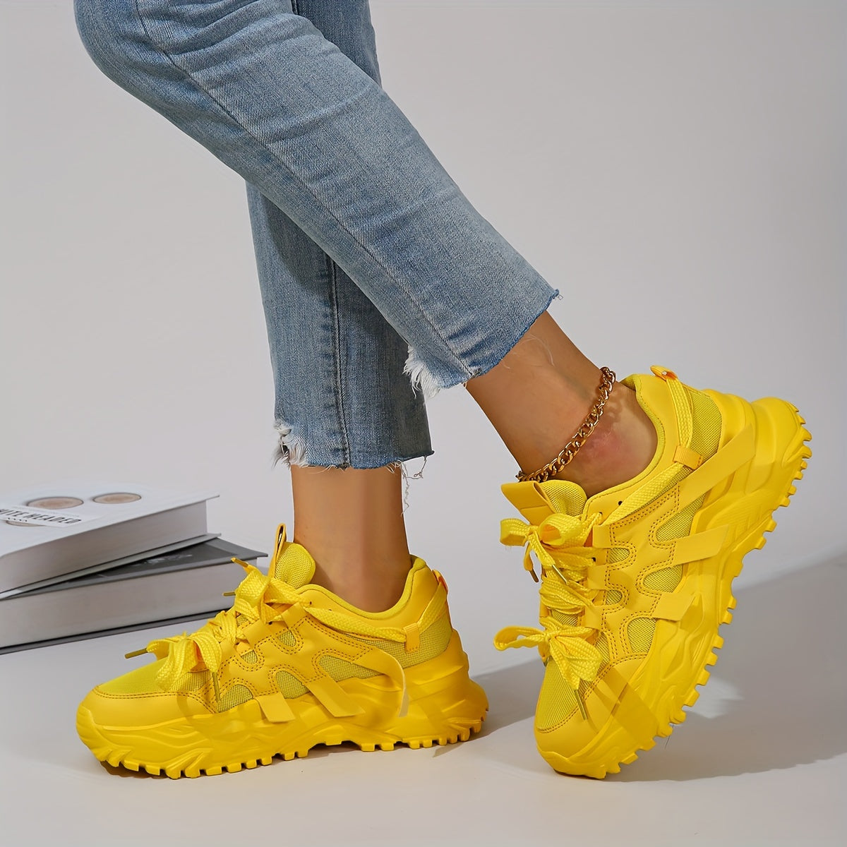 Ladies Casual Chunky Sneakers Bright Yellow Wide Lace-Up Athletic Shoes