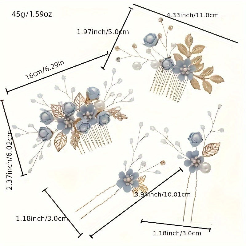 Set of 4 Blue Flower Hair Combs with U-Shaped Hairpins Bridal Hair Accessories