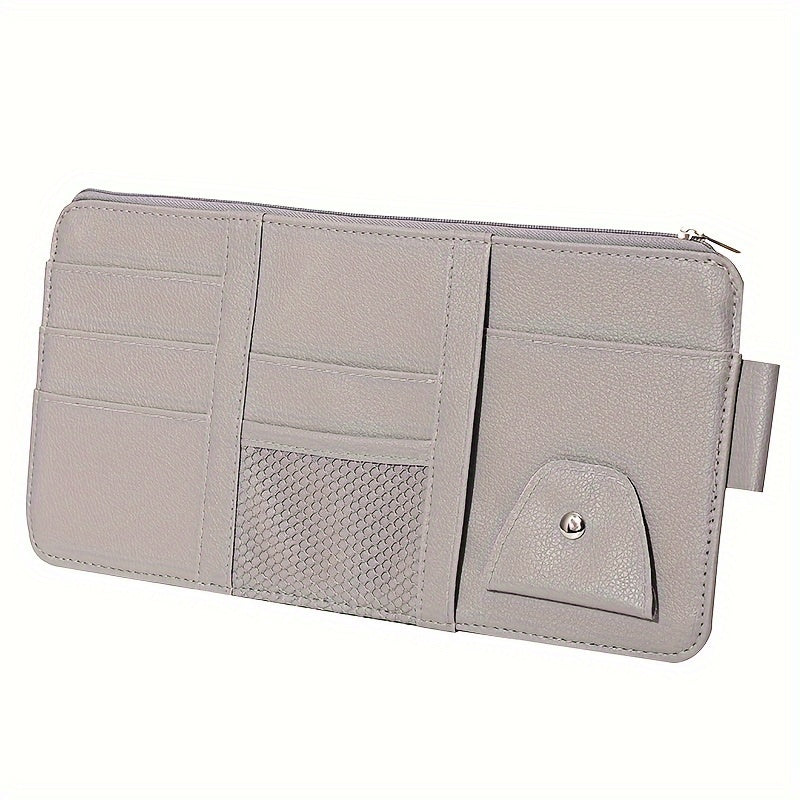 Car Visor Organizer with Multiple Compartments for Glasses Phones Wallets and Cards Gray PU Leather