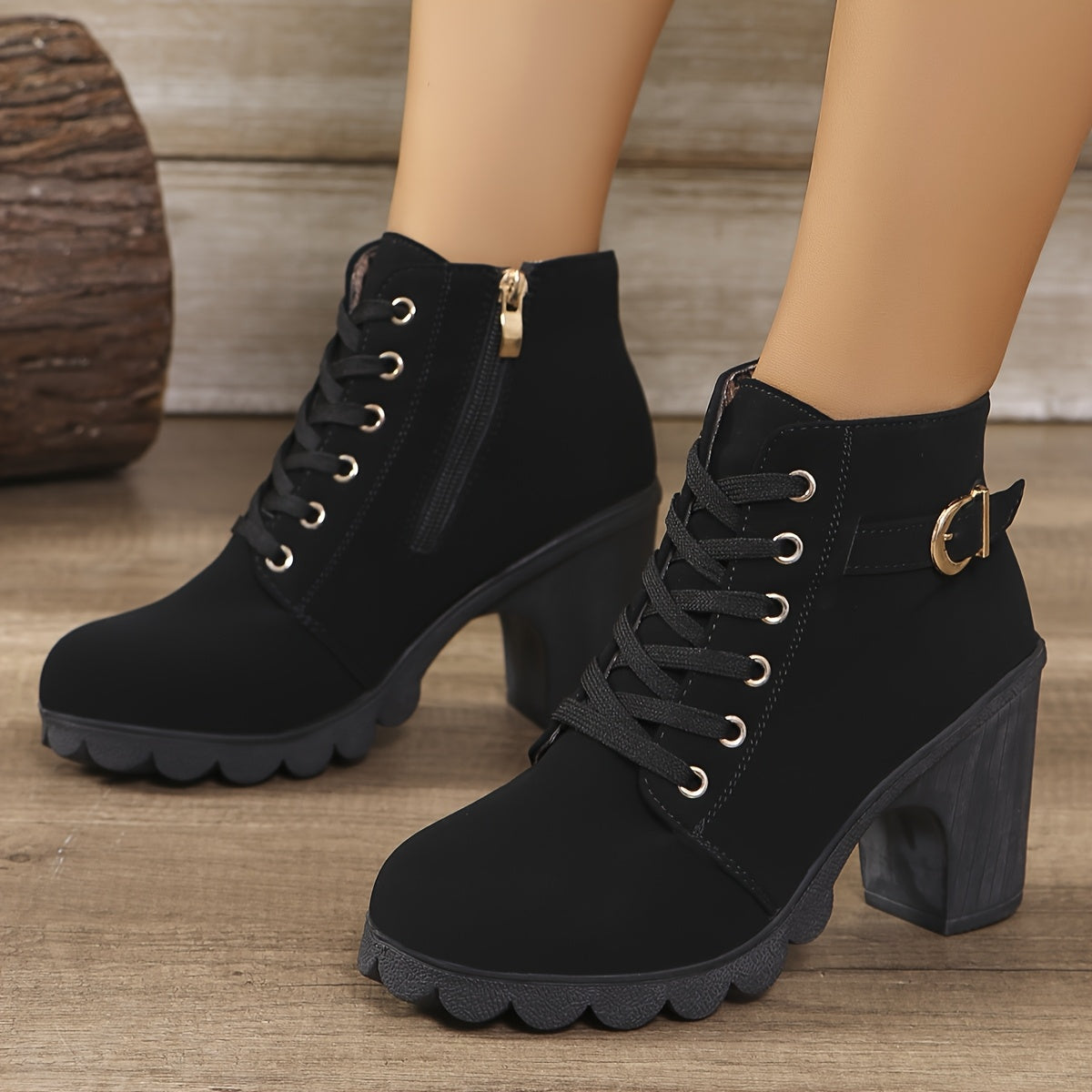 Women's Faux Leather Chunky Platform Ankle Boots with Side Zipper Black