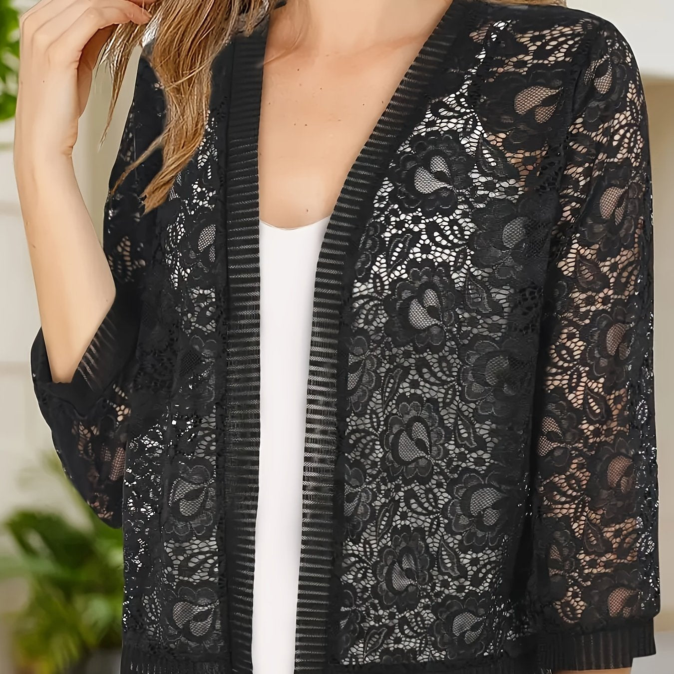 Plus Size Floral Lace Open Front Top Women's Long Sleeve Casual Spring Summer