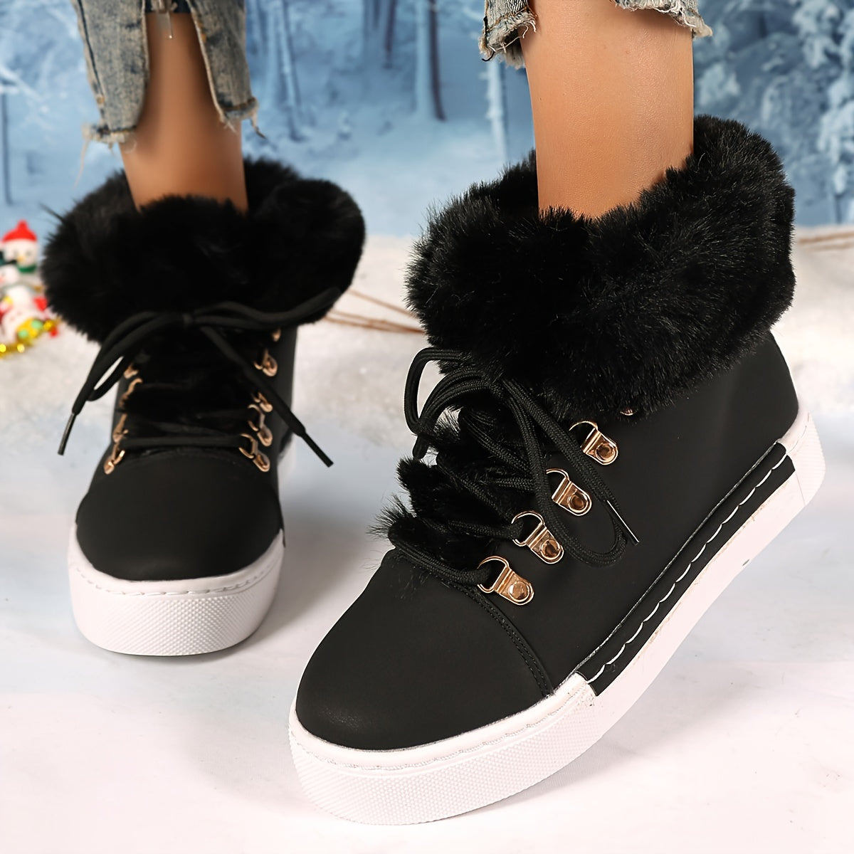 Women's Plush-Lined Winter Sneakers with Tiger Buckle in Black Pink