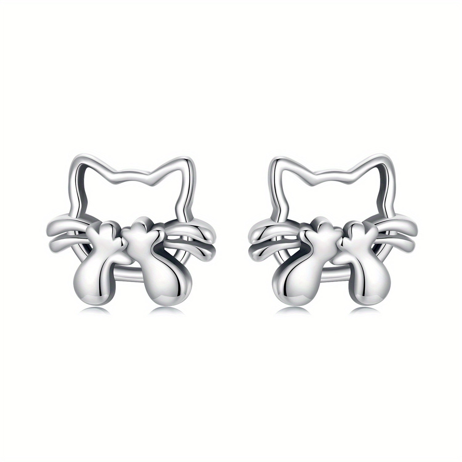 Sterling Silver Cartoon Cat Stud Earrings Hypoallergenic Jewelry for Women