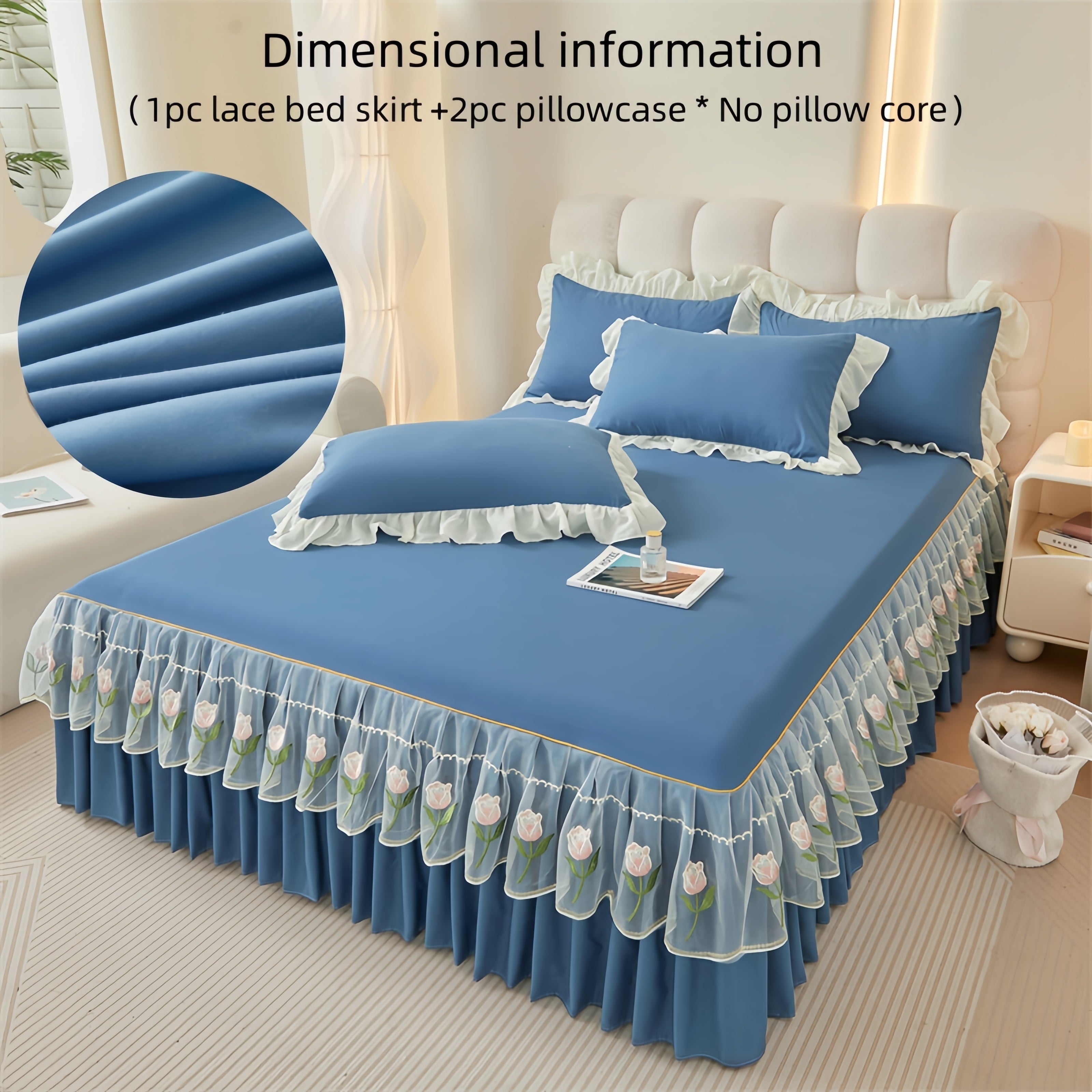 3pcs Embroidered Bed Skirt Set with Rose Lace Ruffles Polyester Includes Lace Bed Skirt and Lotus Leaf Pillowcases for Bedroom Guest Room