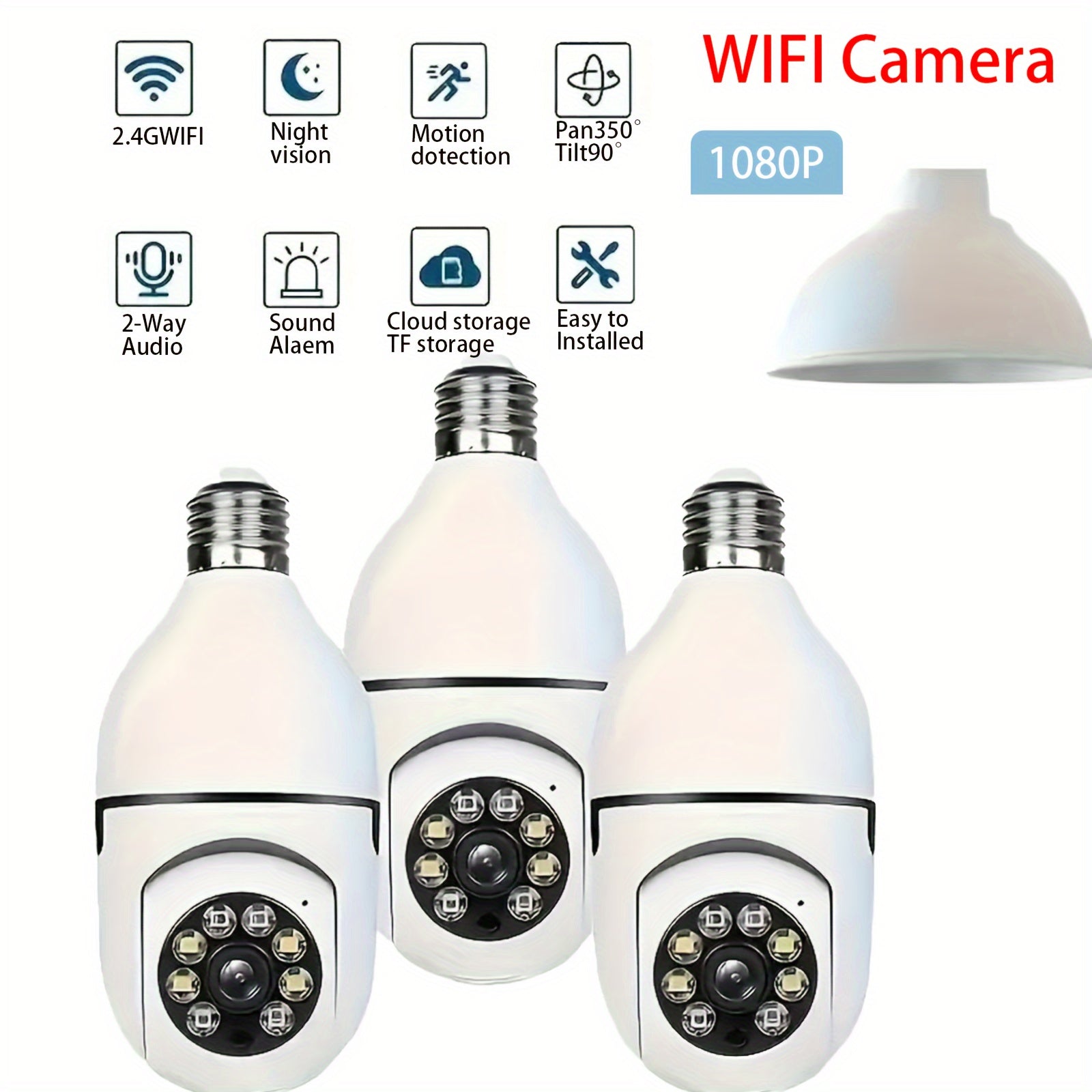 Wireless Smart Home Security Camera with E27 Bulb Holder Night Vision Audio LED Lights