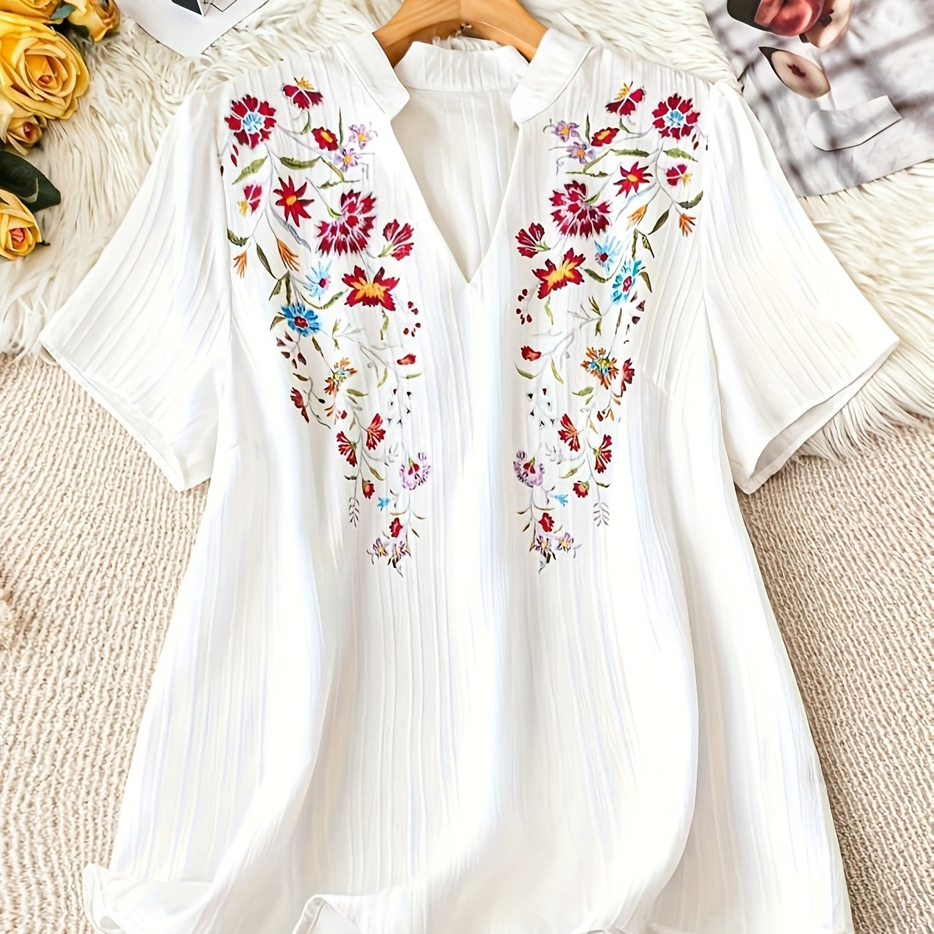 Plus Size Women's Floral Print V-Neck Short Sleeve Blouse Casual Summer White Top
