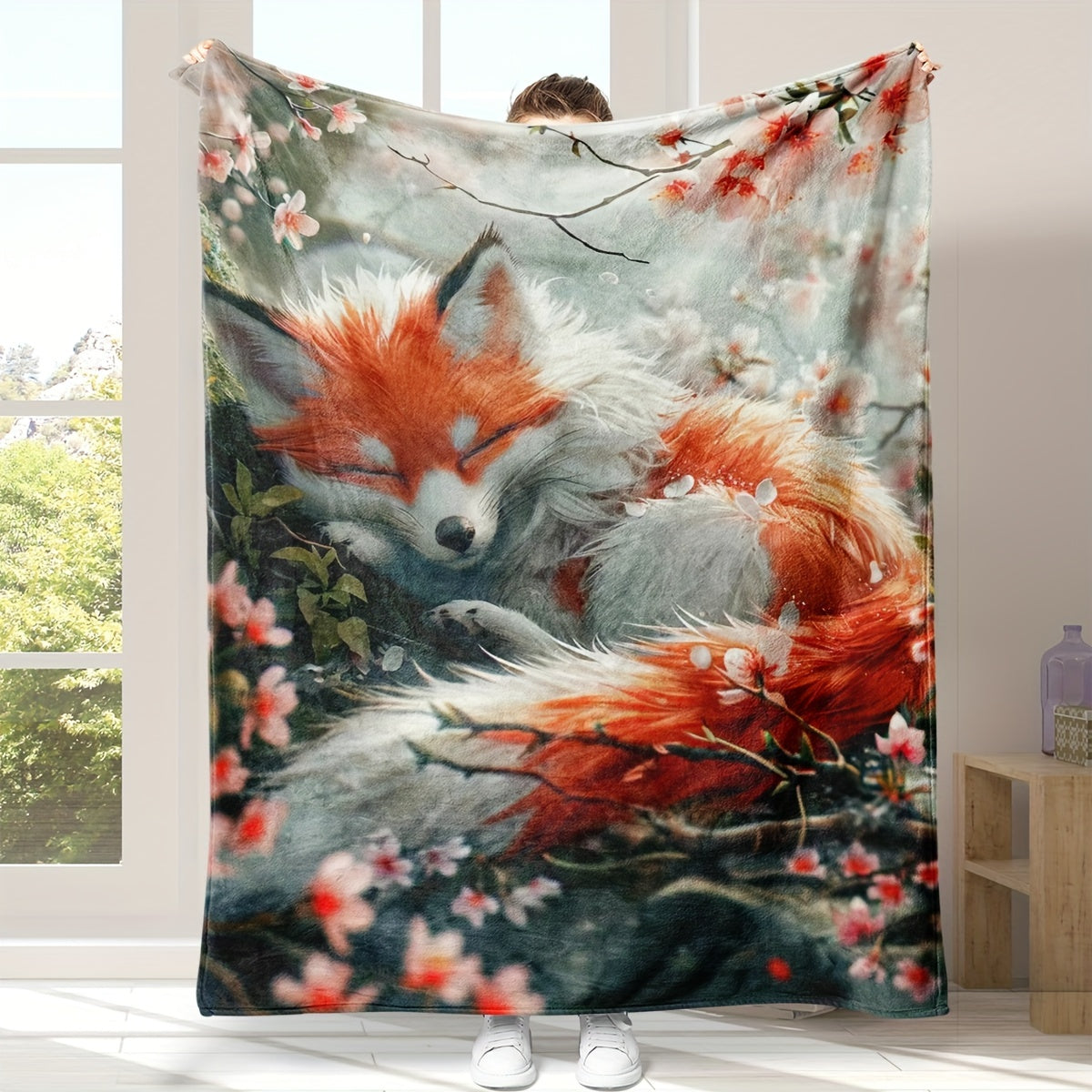 Soft Fox Print Flannel Throw Blanket Hypoallergenic All-Season Couch Bed Travel
