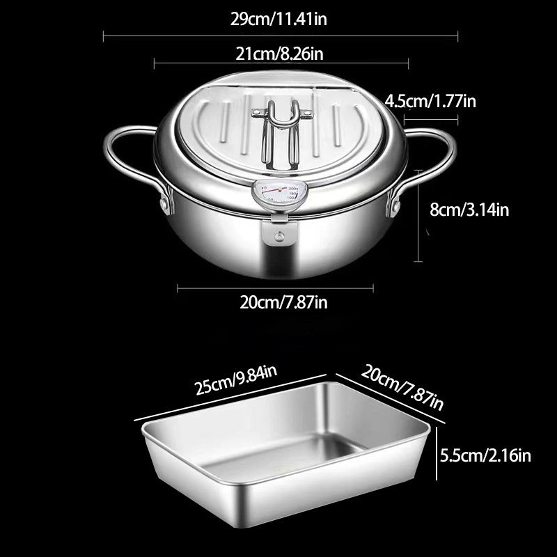 1 ta Stainless Steel Fryer, haroratni boshqarish, yog' tomchilari filtri rack, qopqoq va 2 ta plastinka bilan. Gaz pechlari va induksiya pechlari uchun mos, fransuz kartoshkasi, tovuq va boshqalarni qovurish uchun ideal.