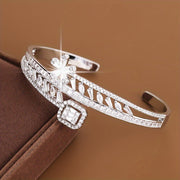 Adjustable Copper Bangle with Peach Blossom Design and Cubic Zirconia Inlay