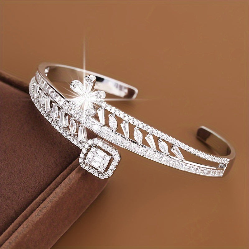 Adjustable Copper Bangle with Peach Blossom Design and Cubic Zirconia Inlay