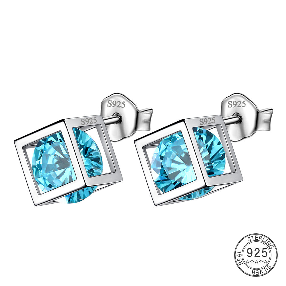 Small 3D Cube Birthstone Stud Earrings for Women Sterling Silver Minimalist Birthday Gift
