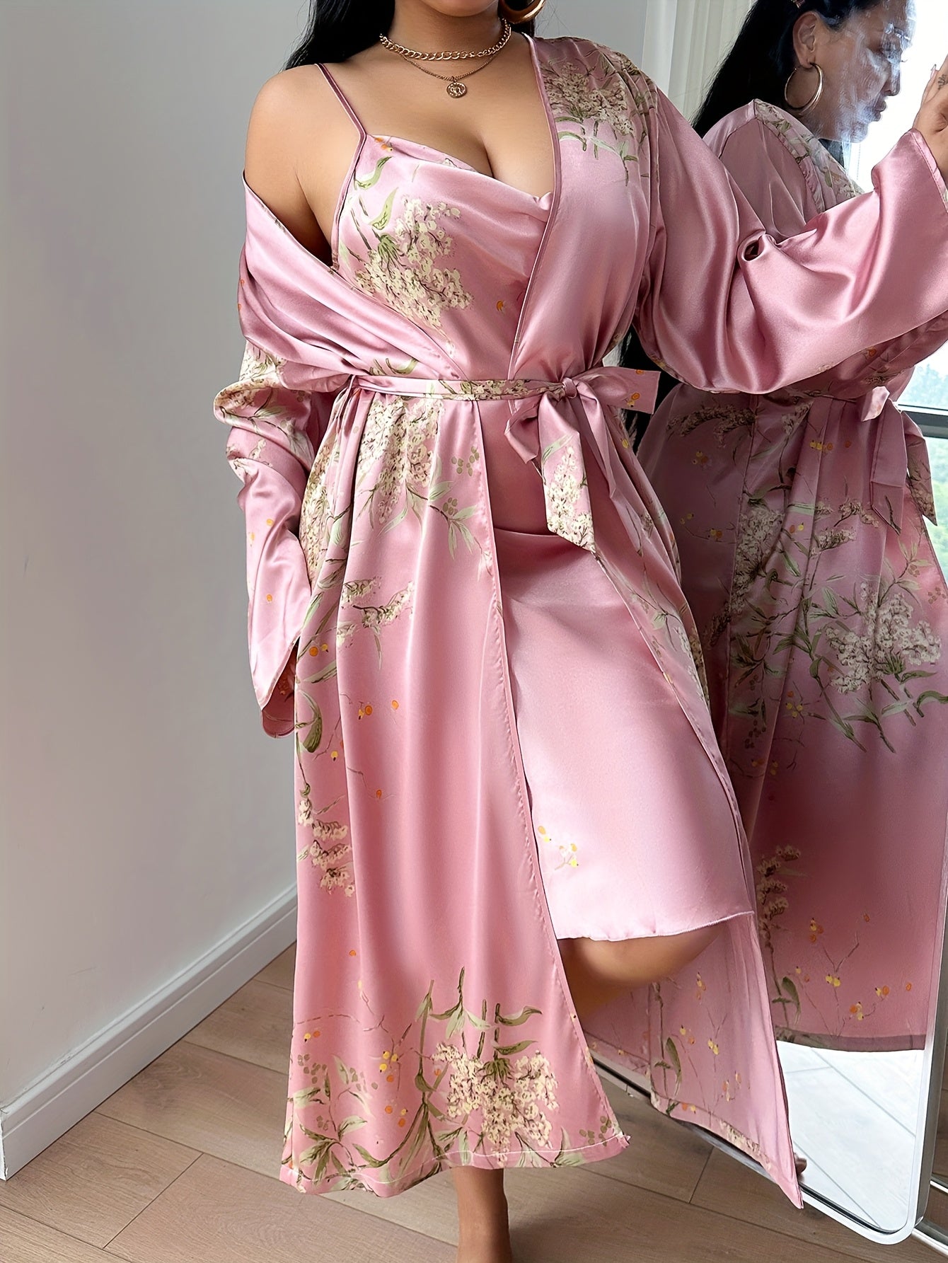 Women Plus Size V-Neck Tie Front Long Robe Floral Print Polyester Lounge Sleepwear