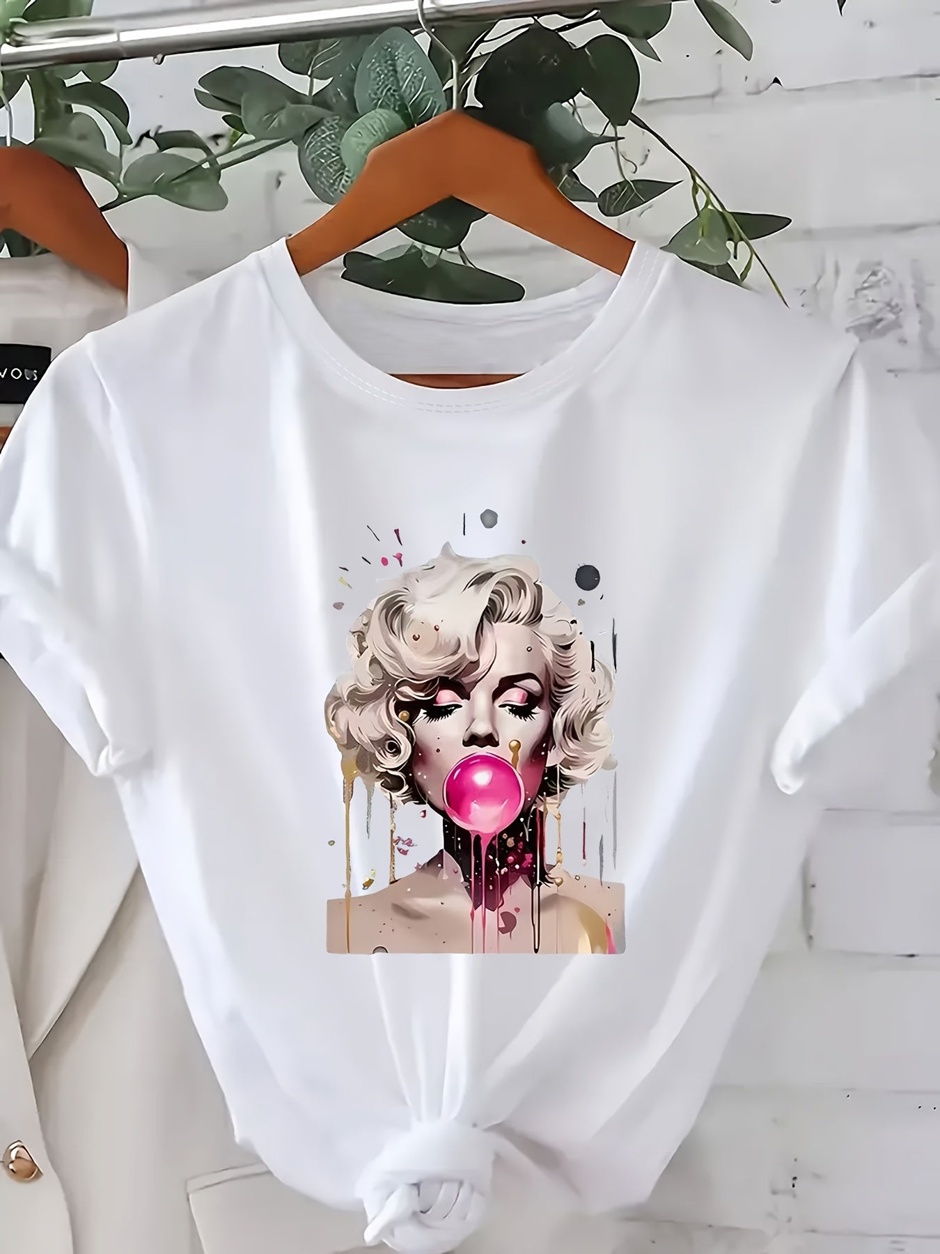 Camiseta casual de talla grande para mujer con estampado de chicle de Marilyn Monroe en tela suave y elástica