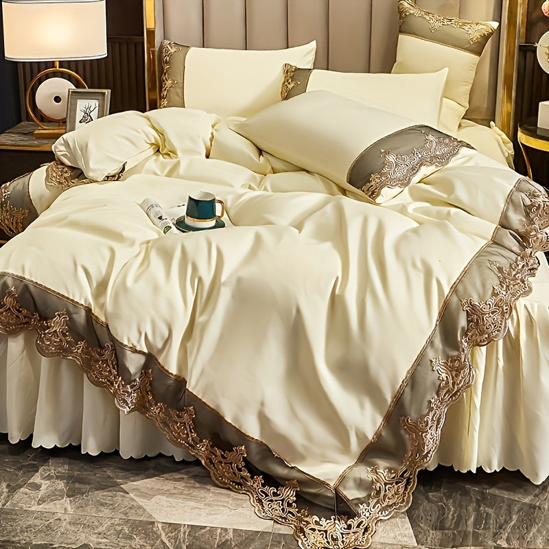 Luxury Polyester Duvet Cover Set with Golden Lace Accents, Solid Color, Zipper Closure