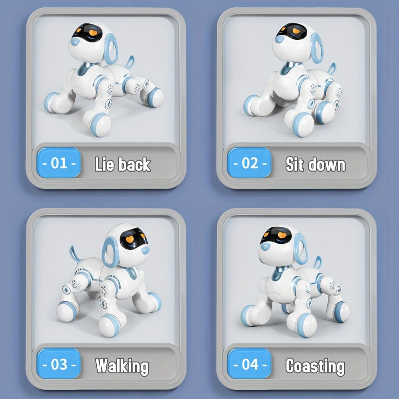 Juguete robot interactivo para niños de 3 años en adelante, perro RC programable en azul y blanco con control remoto por infrarrojos