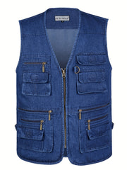 Men's Cotton Cargo Vest with Zipper Pockets for Outdoor Activities