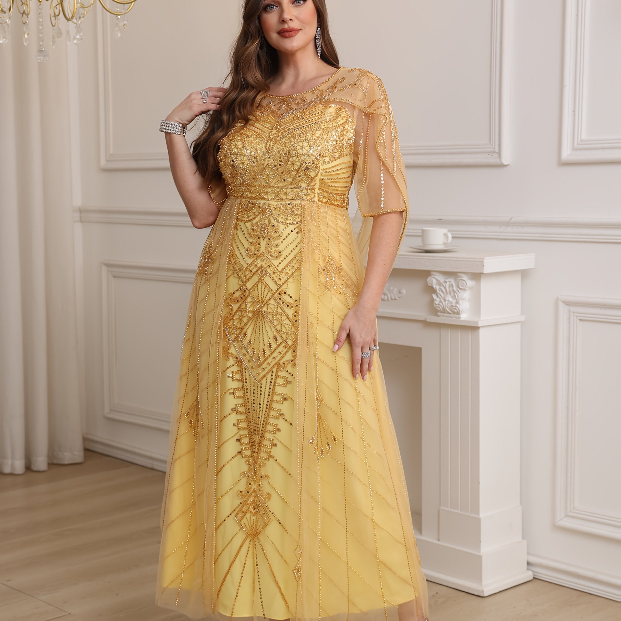 Women's Sequin Beaded Embroidery Evening Dress Fitted Bodice Wedding Gown