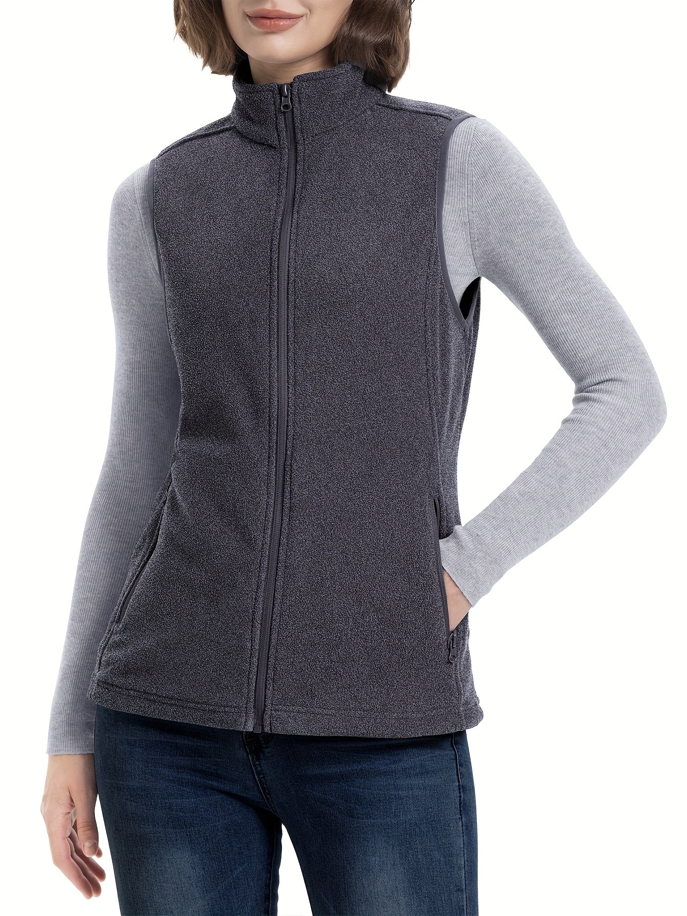 Women’s Lightweight Fleece Vest with Pocket Stand Collar Zip-Up Sleeveless Spring Fall